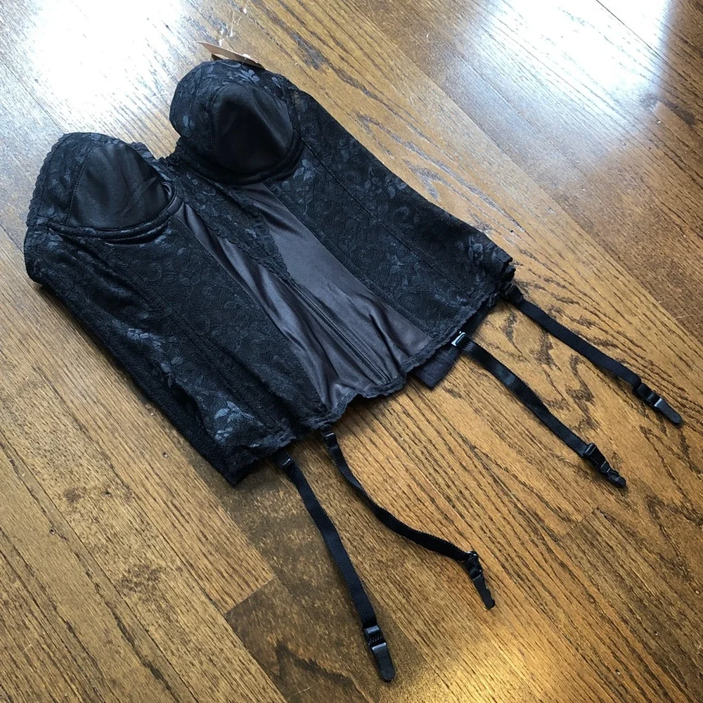 VINTAGE CORSET! Carnival Black Lace Full Coverage Torsolette Lingerie Shapewear